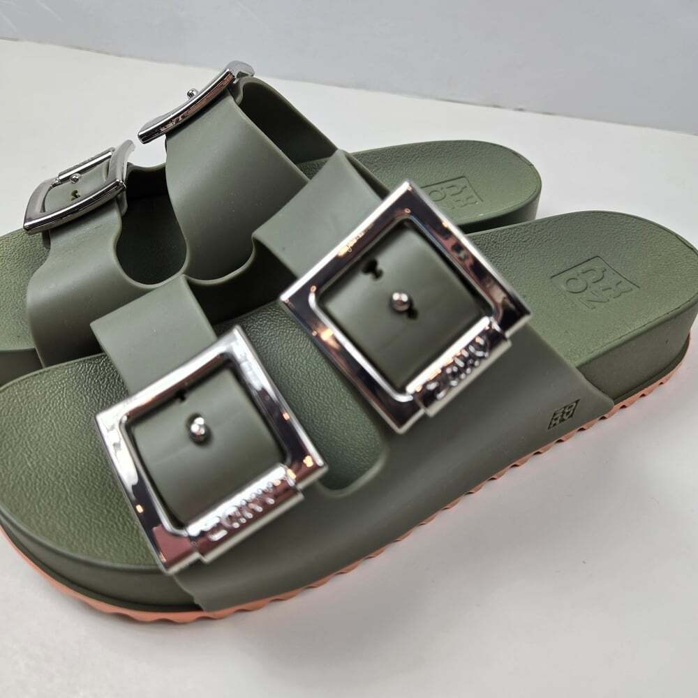 Green Slide Sandals with Silver Buckles - Picture 2 of 7